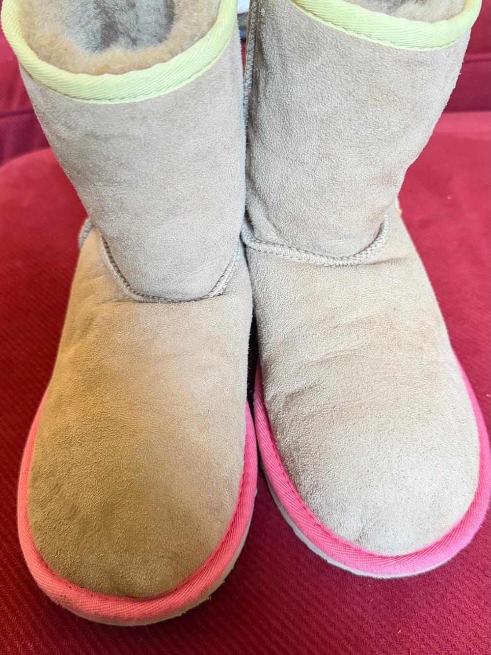 UGG Kids Tan Suede Boots with Pink Trim and Lime Accent